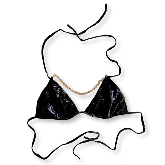 Metallic black wet-look triangle bralette + gathered tie hot pants Fits AU 6-10 - Picture 12 of 16